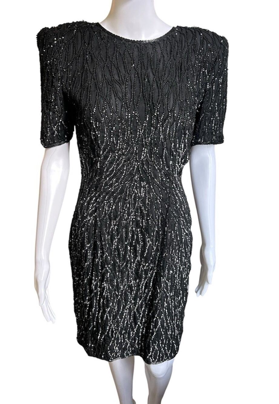 Vintage 80s 100% Silk Beaded Sequin Dress Black Art Deco Padded Shoulder S